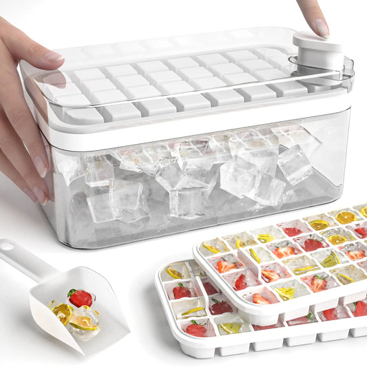FLAGPOWER Ice Cube Tray with Lid and Bin Easy-Release 64 Pcs Ice Cube Trays for Freezer Tiny Ice Cube Maker Mold with Ice Scoop for Chilling Drinks Coffee Juice Cocktail Whiskey Tea BPA Free
