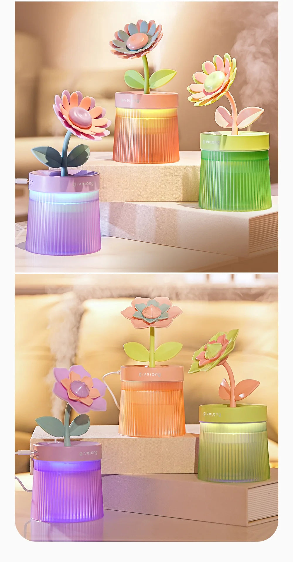 2024 Humidifier Portable USB Ultrasonic Colorful Cup Aroma Diffuser Cool Mist Maker Flower Air Humidifier Purifier With Light