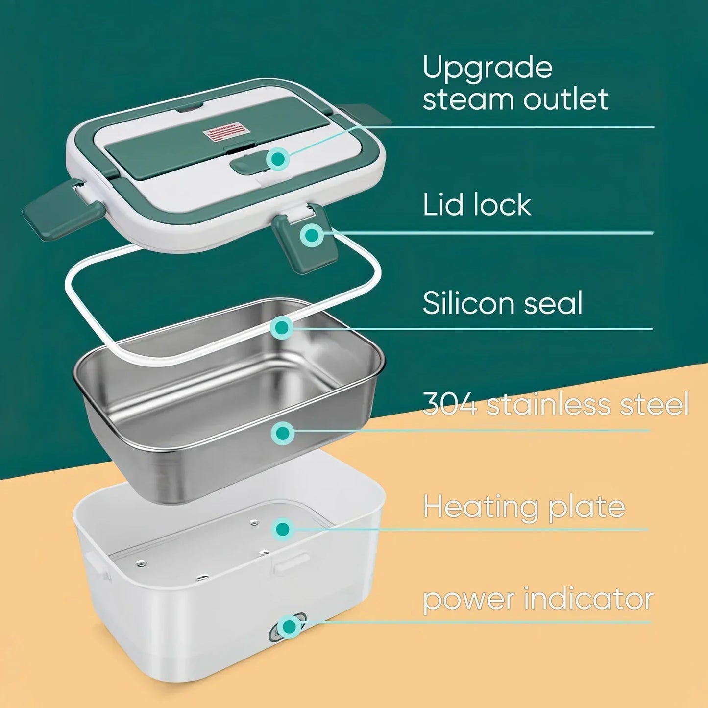 Electric Lunch Box Food Warmer 1.8 L 80W Outdoor Camping Bento Picnic Portable Food Heater Car Home Leak Proof Self Heating Box