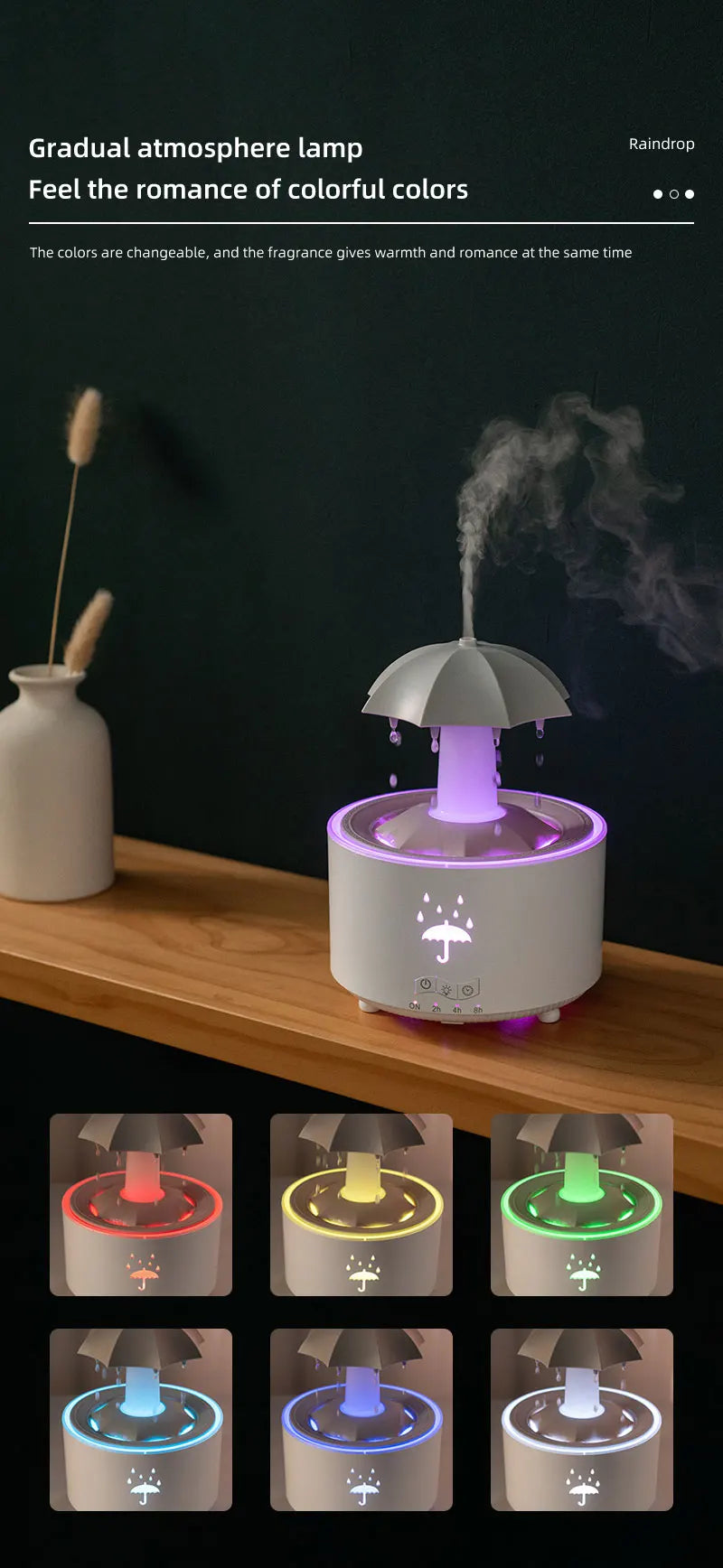Umbrella Humidifier Rotating Umbrella Drop 7-Color LED Aromatherapy Diffuser Essential Oil Humidifier with Remote