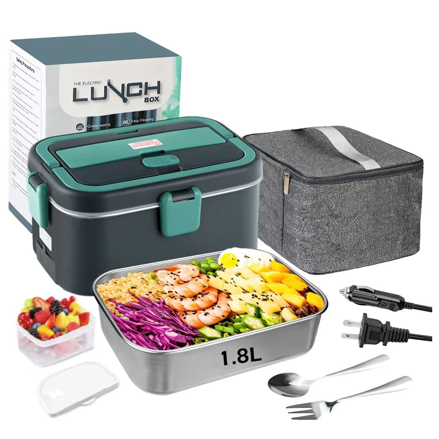 Electric Lunch Box Food Warmer 1.8 L 80W Outdoor Camping Bento Picnic Portable Food Heater Car Home Leak Proof Self Heating Box