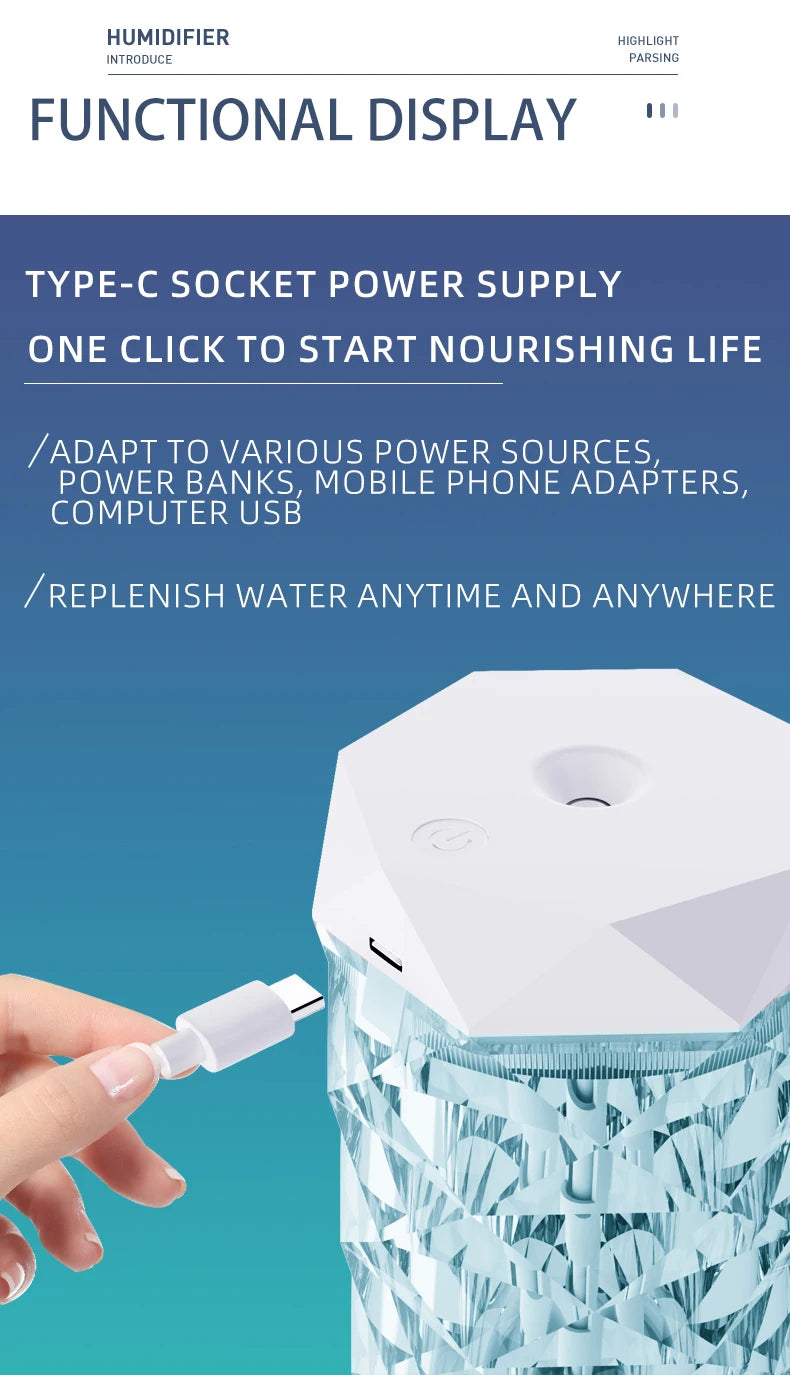 Air humidifier 500ML household car mounted aromatherapy humidifier aromatherapy diffuser USB crystal spray with LED night light
