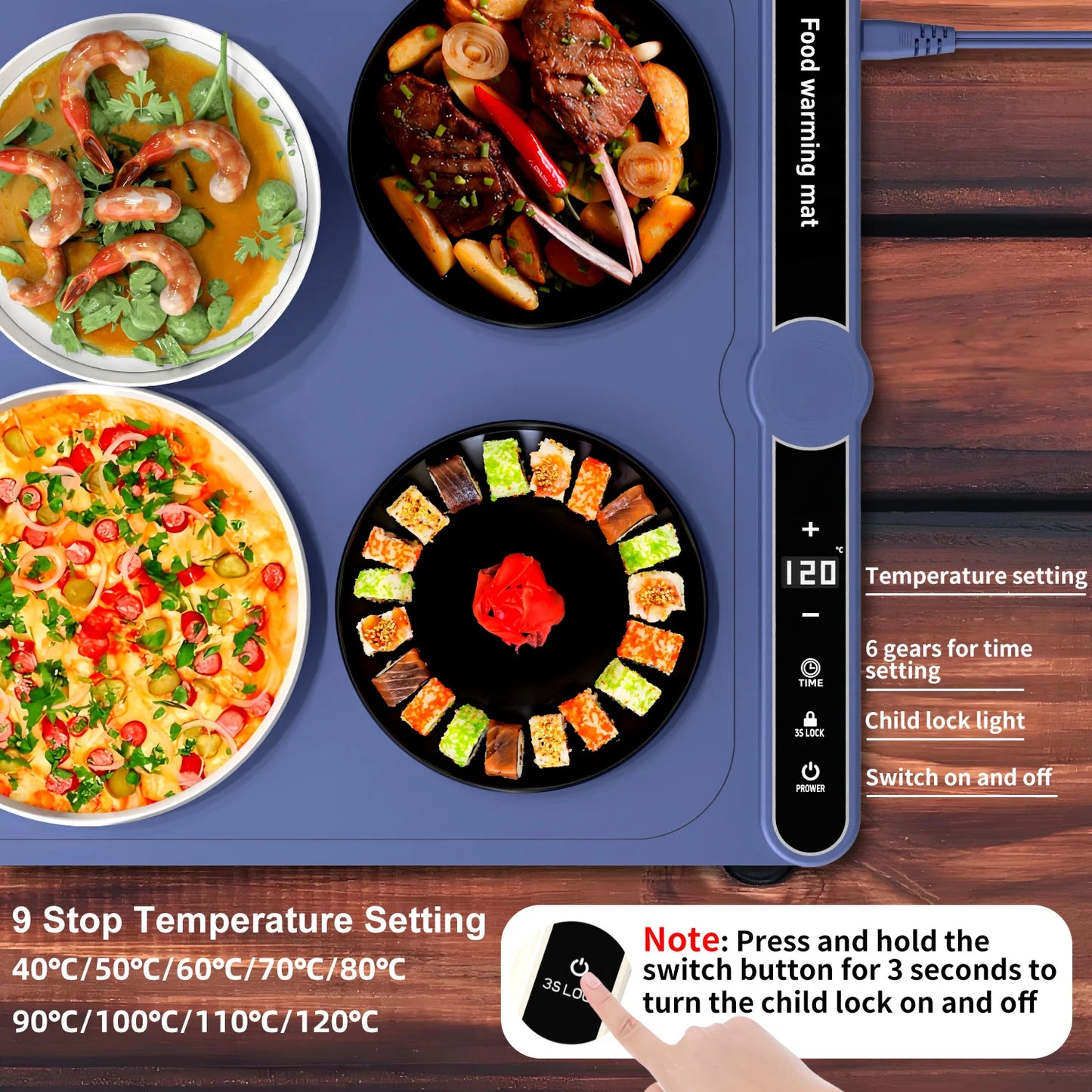 Food Warming Mat Fast Heating Silicone Electric Warming Tray with 9 Level Temperature Roll up Buffet Food Warmer for Parties