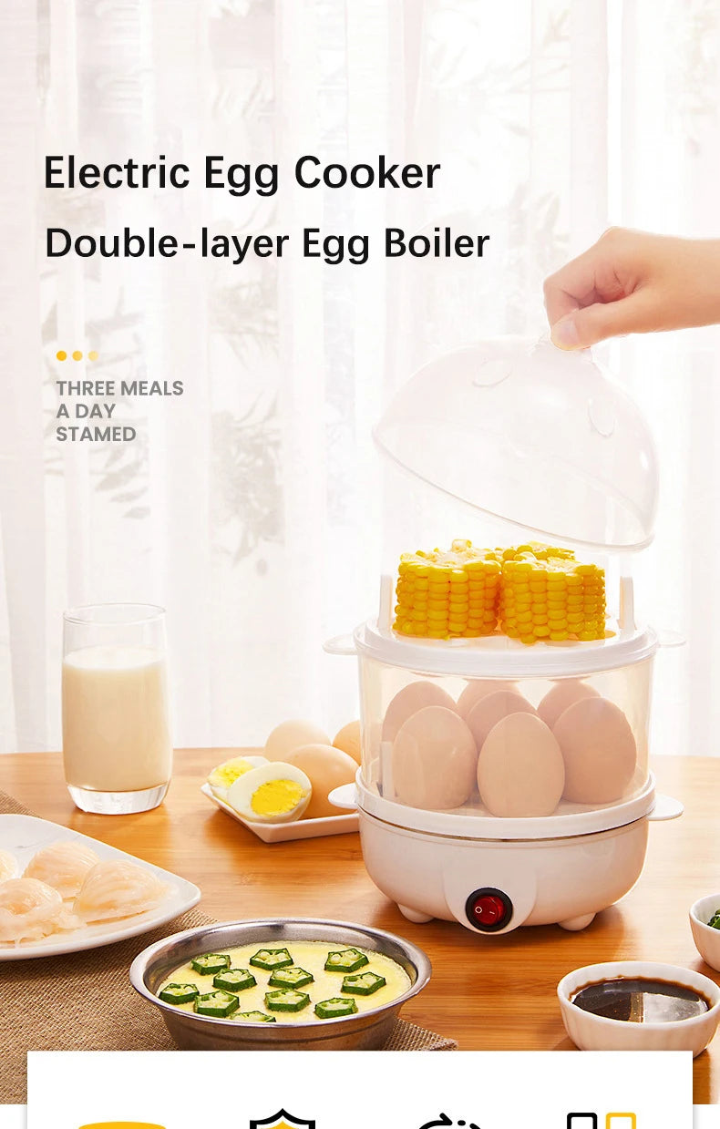 Electric Egg Cooker Boiler Maker 14 Egg Capacity Double Layer Steamer Soft Medium Hard Boil Automatic Shut Off Kitchen Appliance