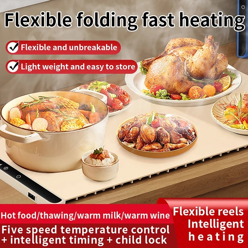 Electric Warming Tray Food Warmer Plate Foldable Portable Smart Food Fast Heating Mat Electric Warming Tray with 3 Tem Setting