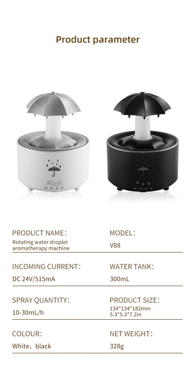 Umbrella Humidifier Rotating Umbrella Drop 7-Color LED Aromatherapy Diffuser Essential Oil Humidifier with Remote