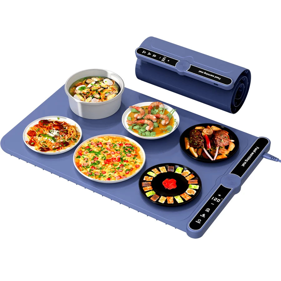 Food Warming Mat Fast Heating Silicone Electric Warming Tray with 9 Level Temperature Roll up Buffet Food Warmer for Parties